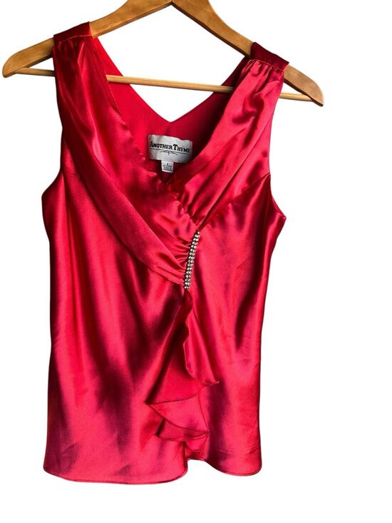 Another Thyme Tops - Vtg 90s Another Thyme Womens Top Size S Red Satin V Neck Sexy Cocktail Blouse
